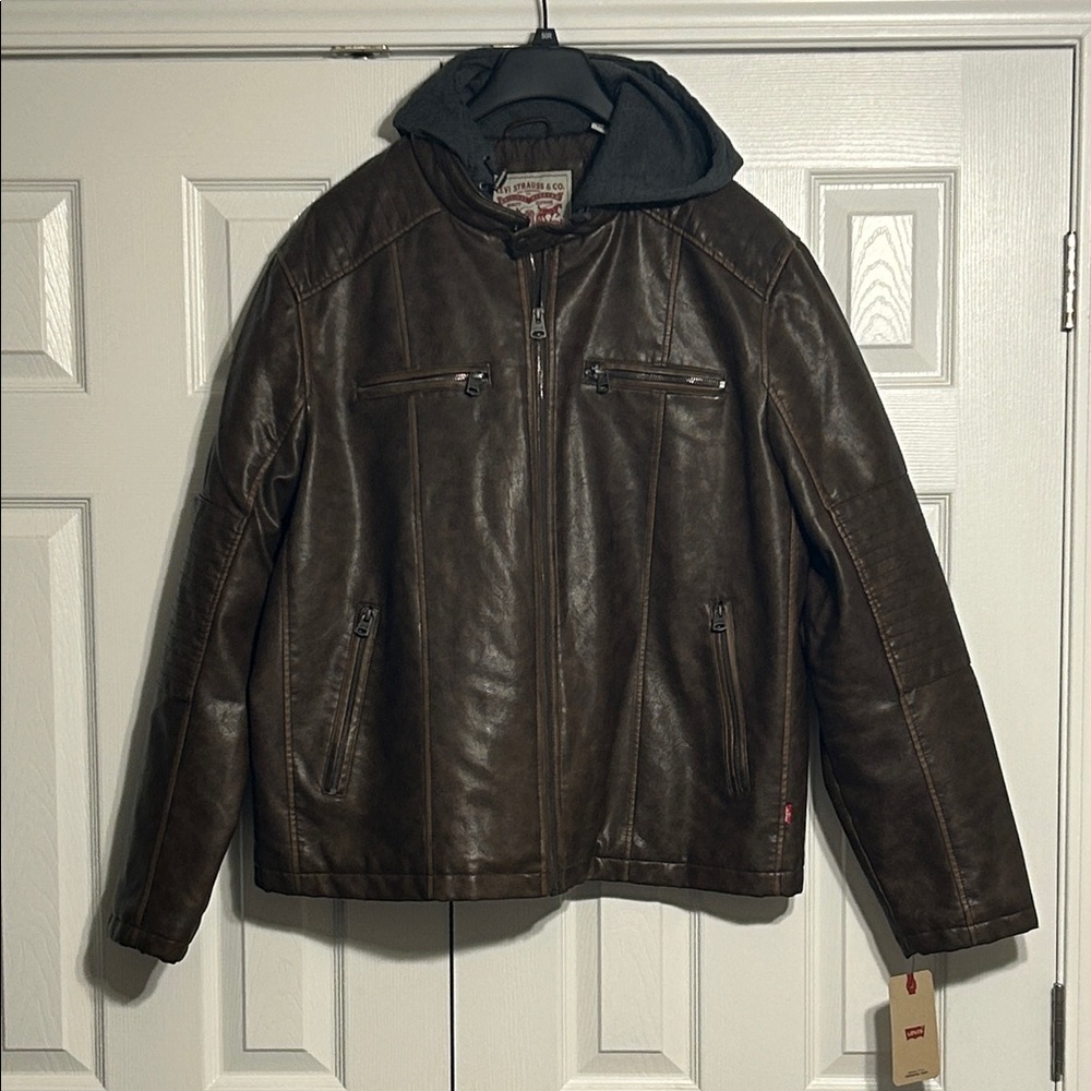 Levi's Dark Brown Leather Bomber Jacket with Hood
